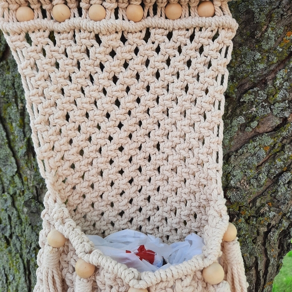 Cream Macrame Woven Wood Bead Fringe Tassles Wall Hanging Pocket Storage - Picture 5 of 10